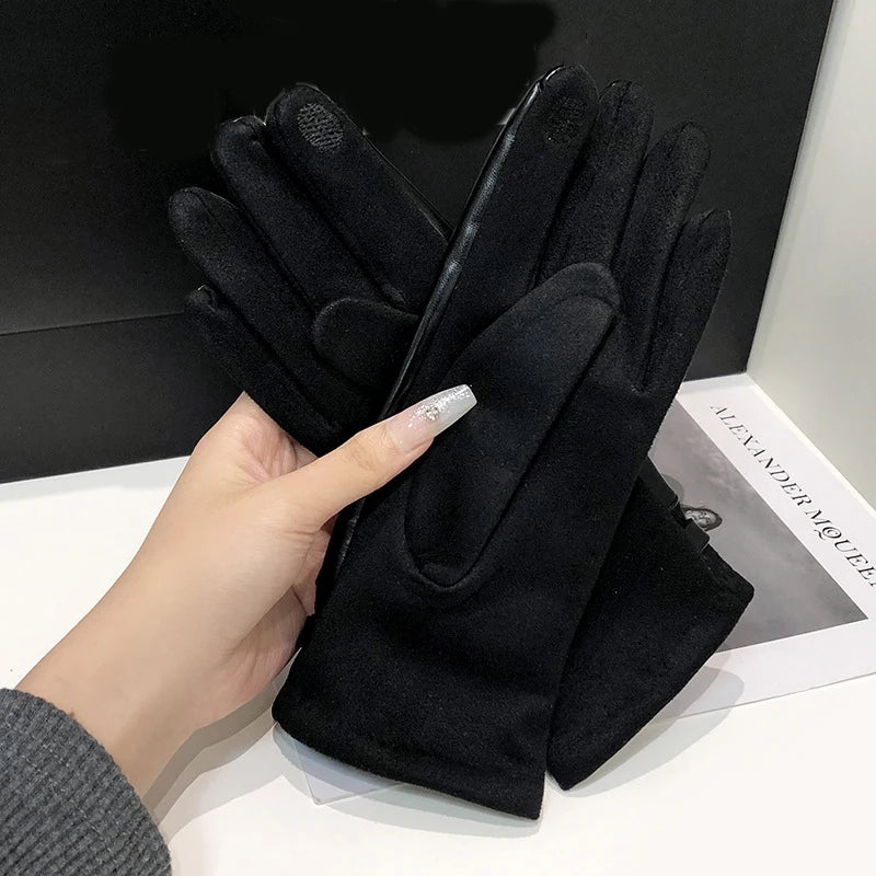 Women's Winter Knit Gloves Synthetic Leather Fleece Lined Touchscreen