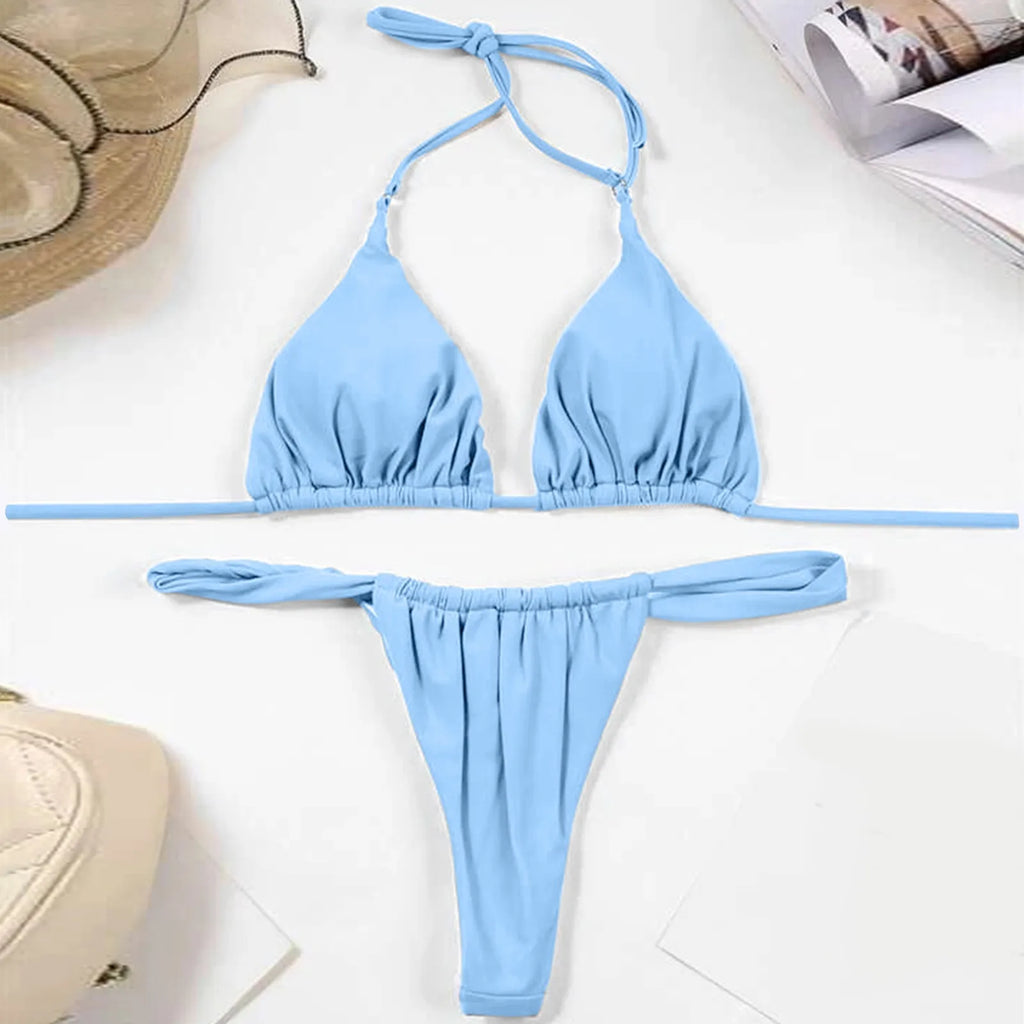 Women Brazilian Bikini Set 2 Piece Solid Halter Push Up Swimwear