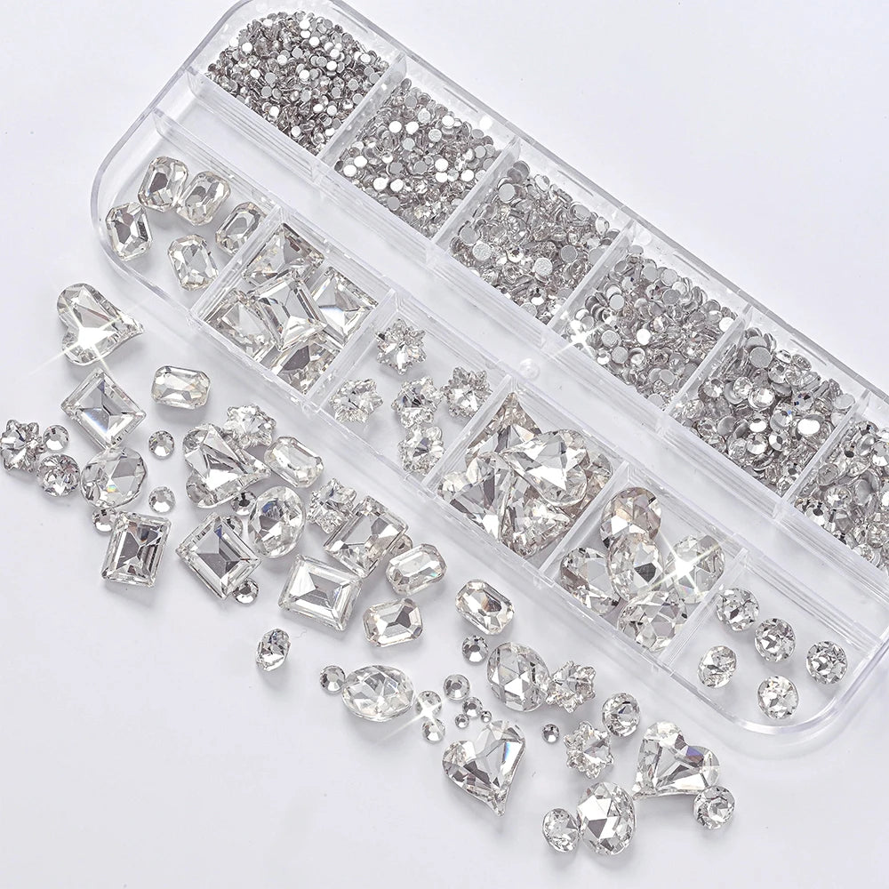 12Grids 3D Clear Glass Mutil-Shapes Nail Rhinestones + SS6-SS16 Round Diamond Crystals Luxury Heart Square Nail Art Gems Decorat