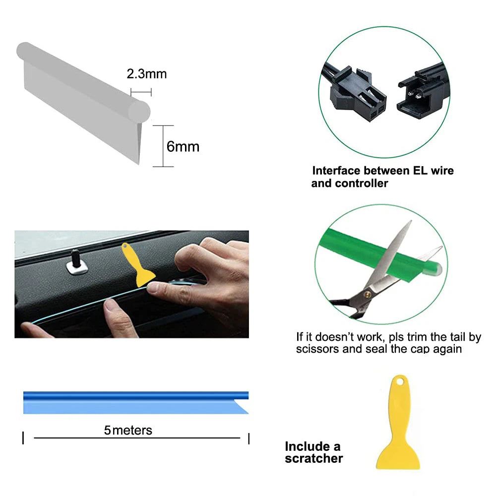 Car Interior LED Strip Light USB Neon EL Wire close-up view