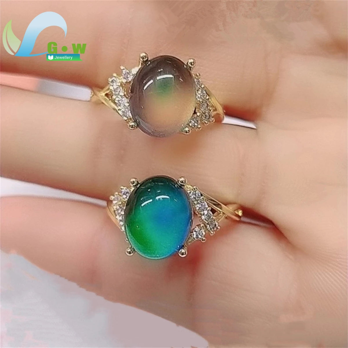 Simple Elegant Thermochromic Ring Open Gradient Color Shift Fashion Jewelry for Ladies Adjustable Size Delicate Stone Gift