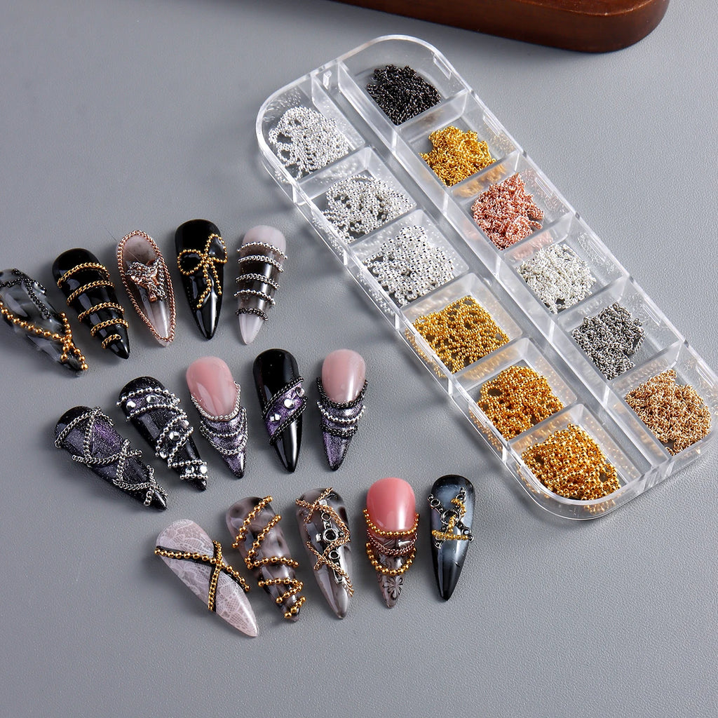 Metal Nail Art Chains,Gold Silver Nail Chain 3D Nail Decoration Charm Personality Nail Jewelry Nail Design Ornament for Manicure