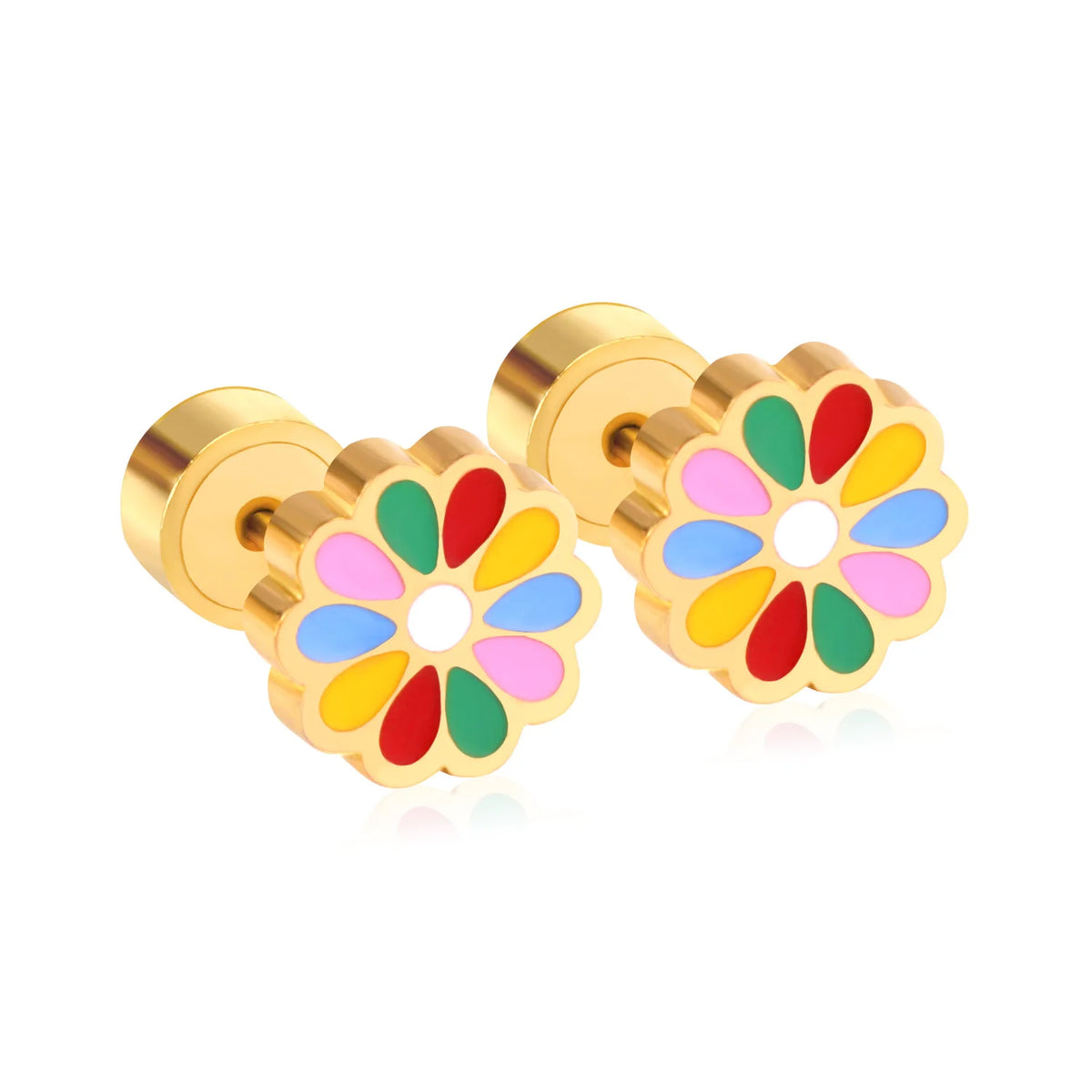 LUXUSTEEL Pink Flower Stud Earrings For Women Stainless Steel Oil Dripping Heart Star Bu detail view