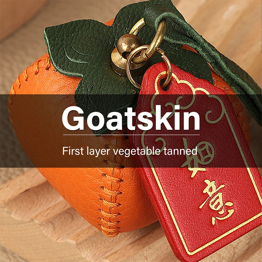 CRAZYSMITH Handmade Genuine Leather Bag Charm Persimmon Keychain Purse Charms Bag Pend close-up view