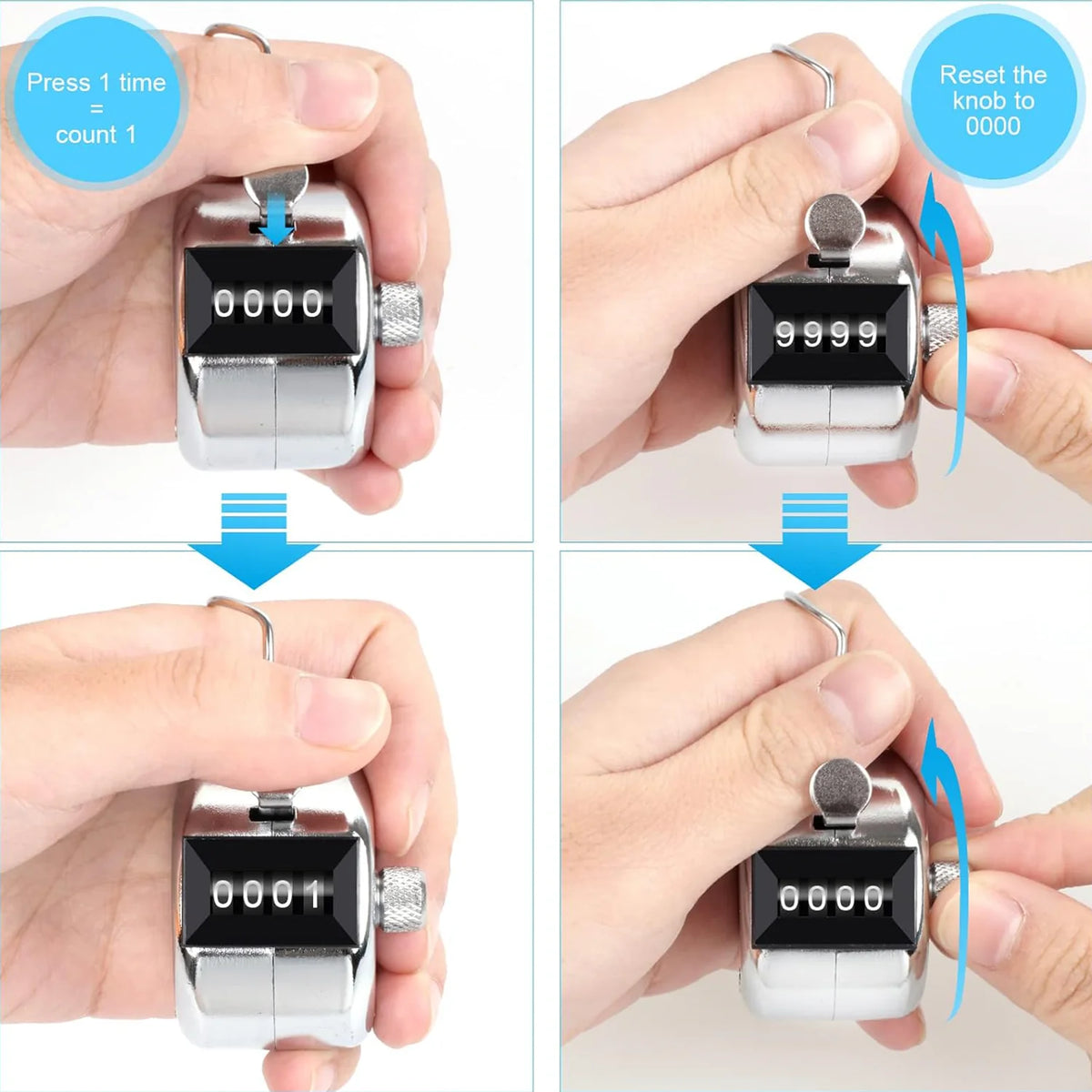 Hand Counter Four-Digit Click Counter with Hanging Rope Silver