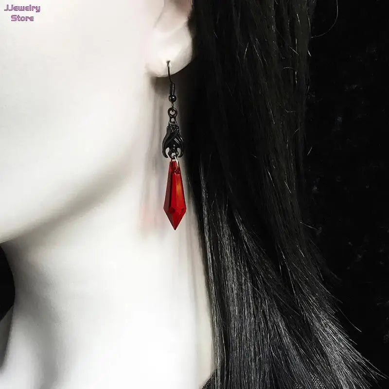 Bat Earrings with Red Teardrop Beads, Gothic Jewelry