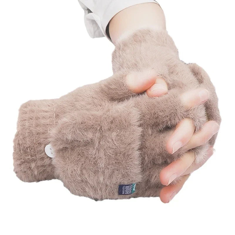 Women Winter Fingerless Gloves Soft Warm Thickened Plush close-up view