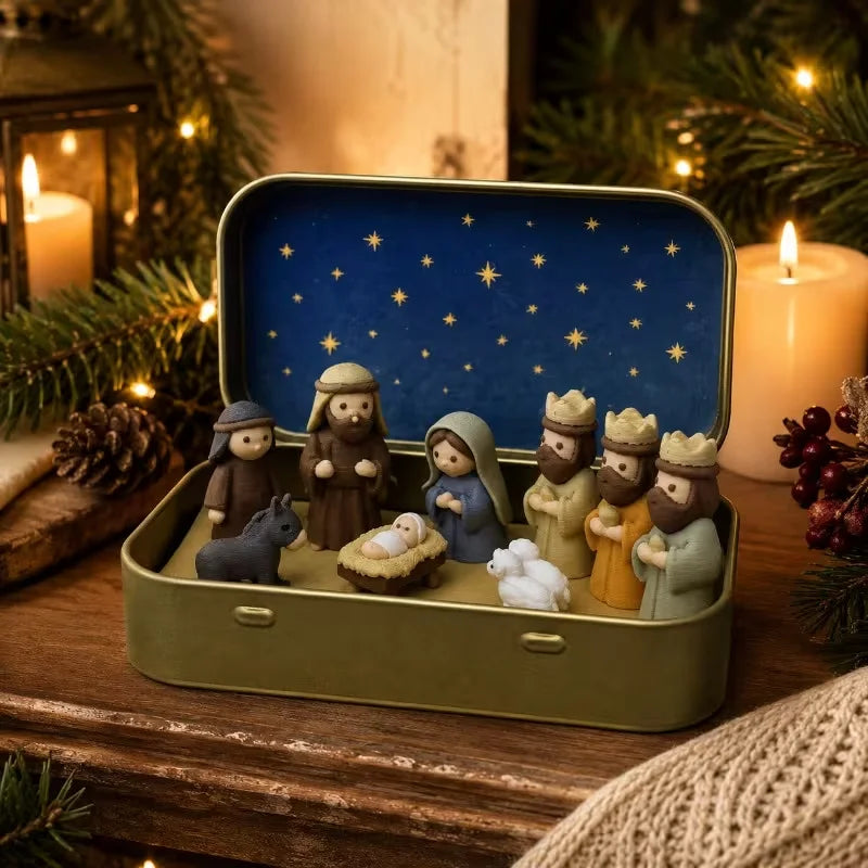 Pocket-Sized Nativity Scene Small Statue, Metal Box, mini Portable Religious desktop Decoration and Christmas Christian Keepsake