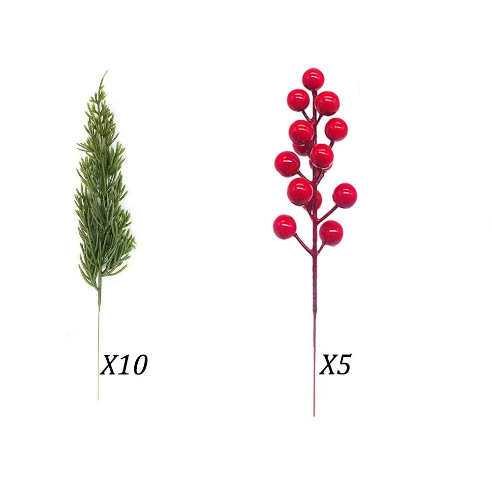 15 Artificial Pine Branches with Red Berry Stems Faux Christmas Greenery