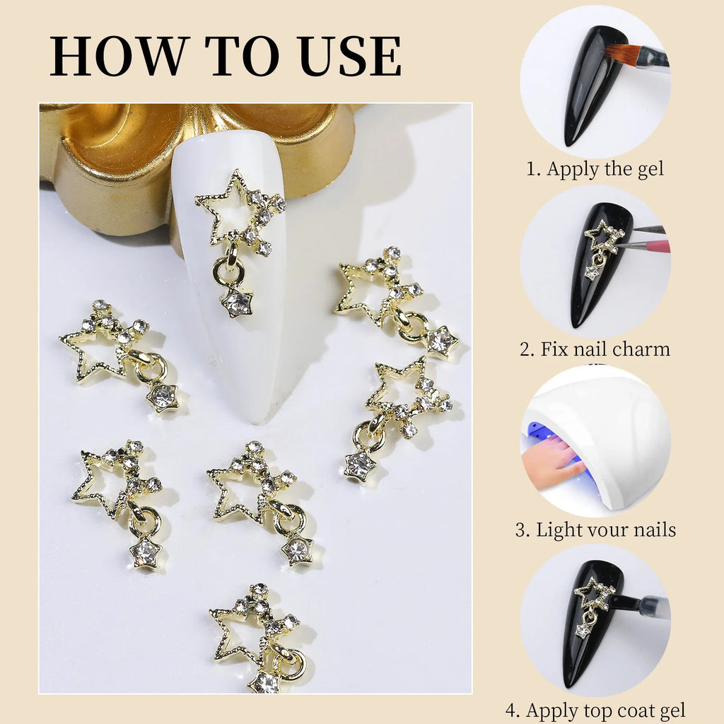 Silver Star Nail Charms With Rhinestones 3D Alloy Heart Y2K Charms For Acrylic Nails