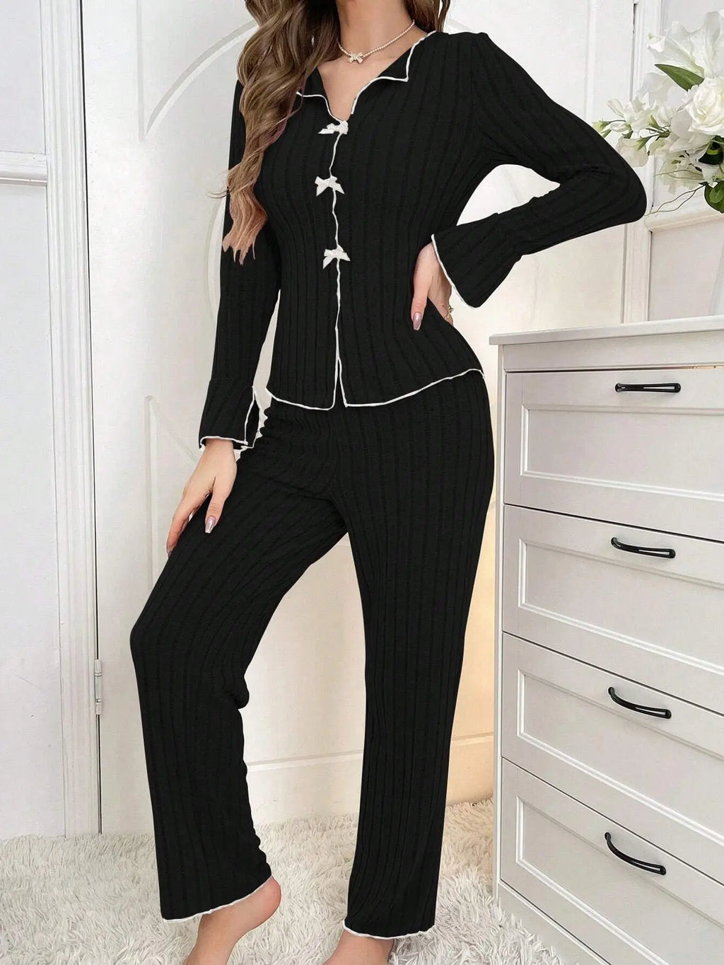 2-Piece Women's Autumn and Winter Pure Color Elegant Bow Women's Simple Long-Sleeved Pants Pajama Set Leisure Home Clothing
