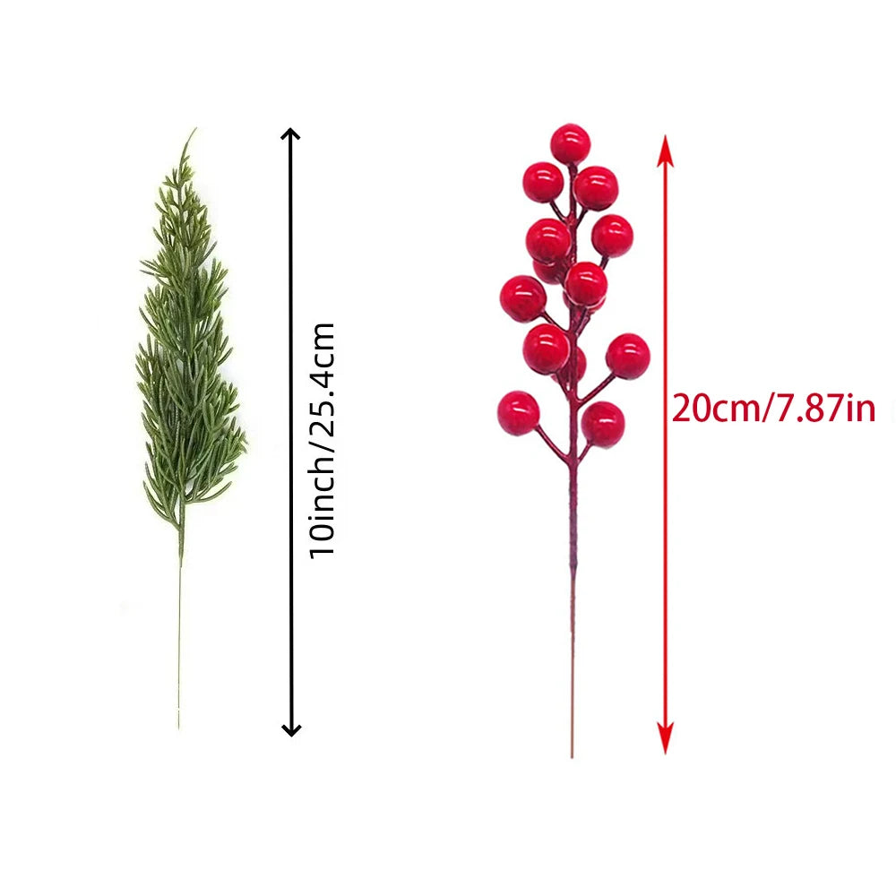 15 Artificial Pine Branches with Red Berry Stems Faux Christmas Greenery