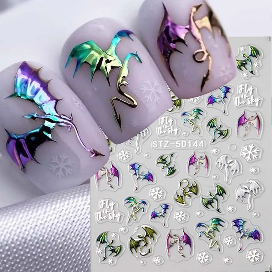 1/2pcs 5D Embossed Metallic Colorful Dragon Nail Stickers Snowflakes Self-Adhesive DIY Nail Decals Sliders Manicure Decorations