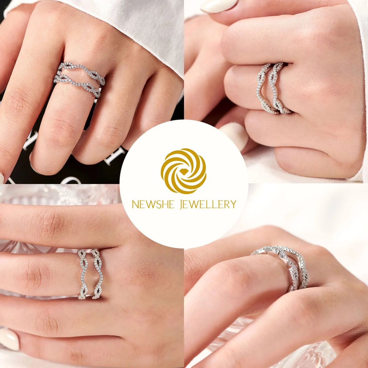 Newshe 925 Sterling Silver Enhancer Stackable Wedding Bands for Women Adjustable Doubl close-up view
