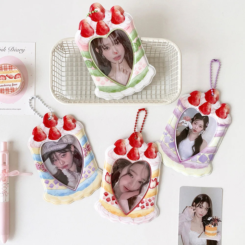 Fashion Cartoon Strawberry Cake Bag Pendant 3-Inch Card Holder Cute Girls Idol Photo Storage Card Bag Decoration Keychain Gifts