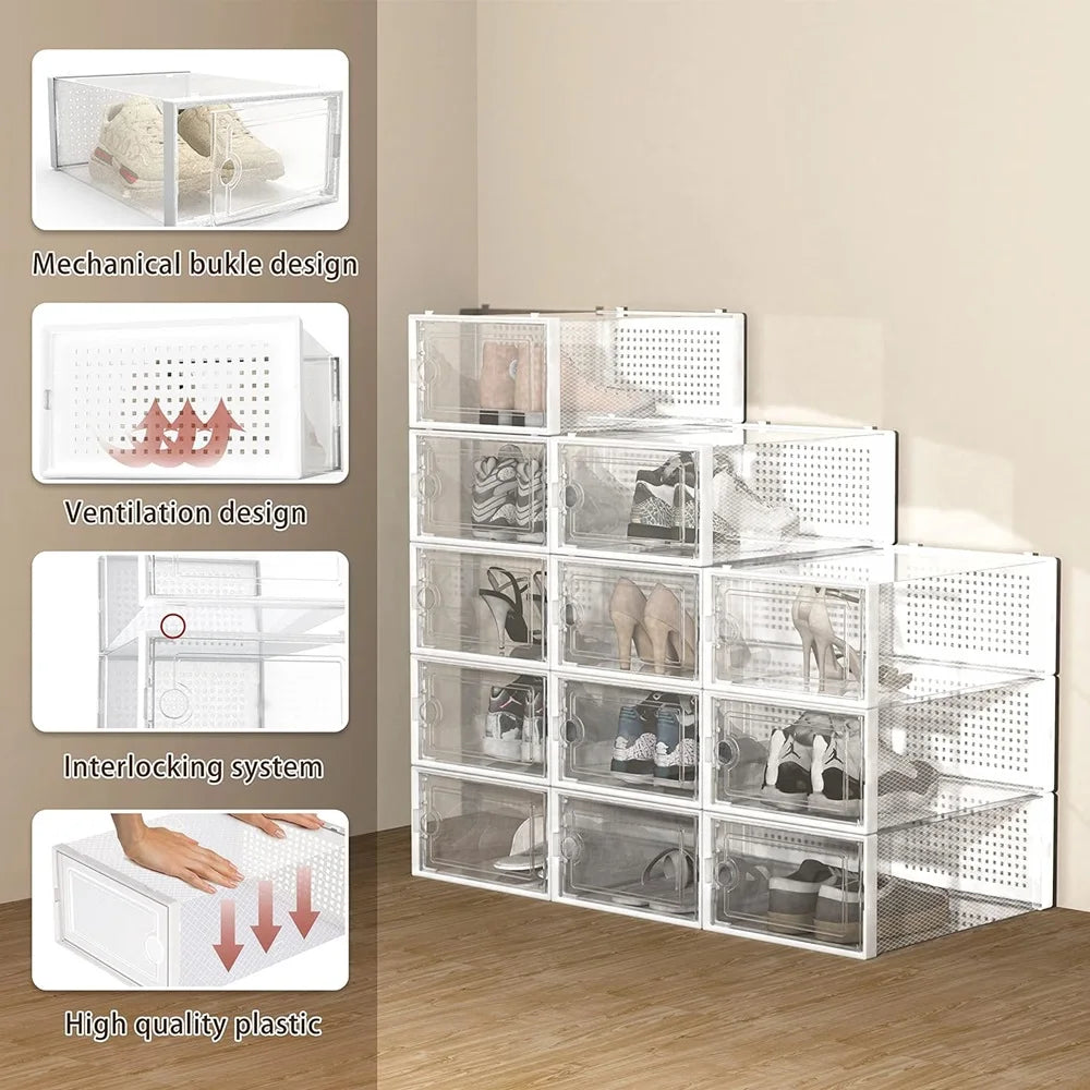12-Pack Transparent Plastic Stackable Linked Shoe Storage Boxes