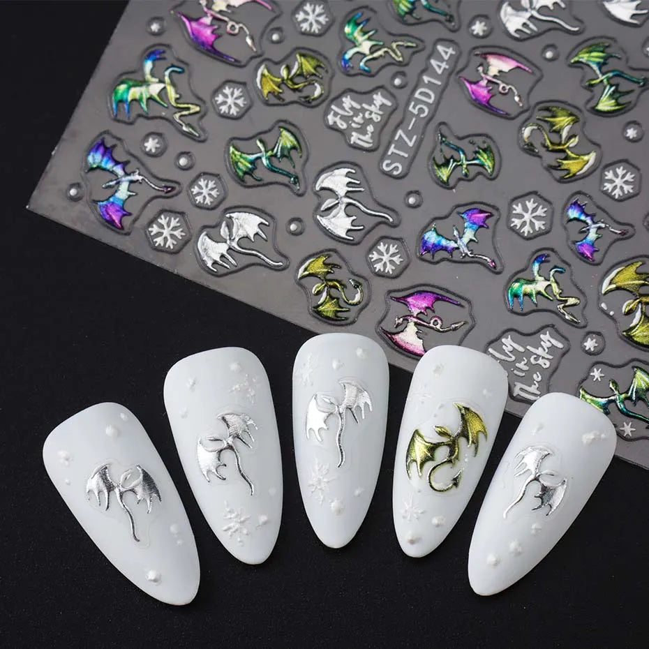 1/2pcs 5D Embossed Metallic Colorful Dragon Nail Stickers Snowflakes Self-Adhesive DIY Nail Decals Sliders Manicure Decorations