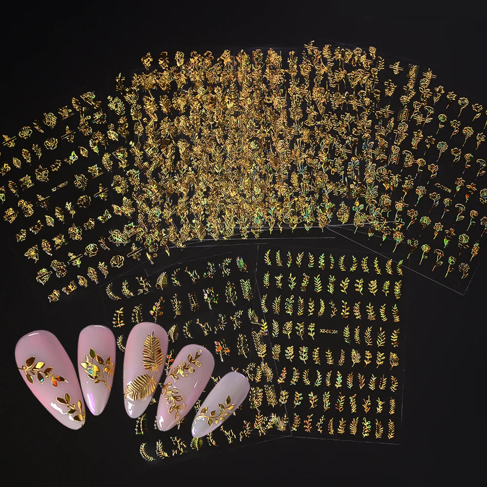 Gold Leaf Nail Stickers 3D Self-Adhesive Flower Decals 12pcs