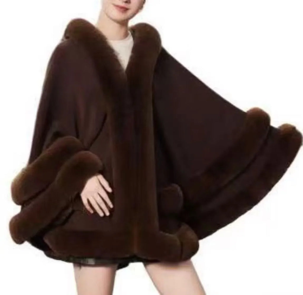 2024 Women 2 Circle Wraps Long Faux Rabbit Fur Cape Poncho Winter Loose Thick Warm Shawl Outerwear Knitted Cloak Overcoat