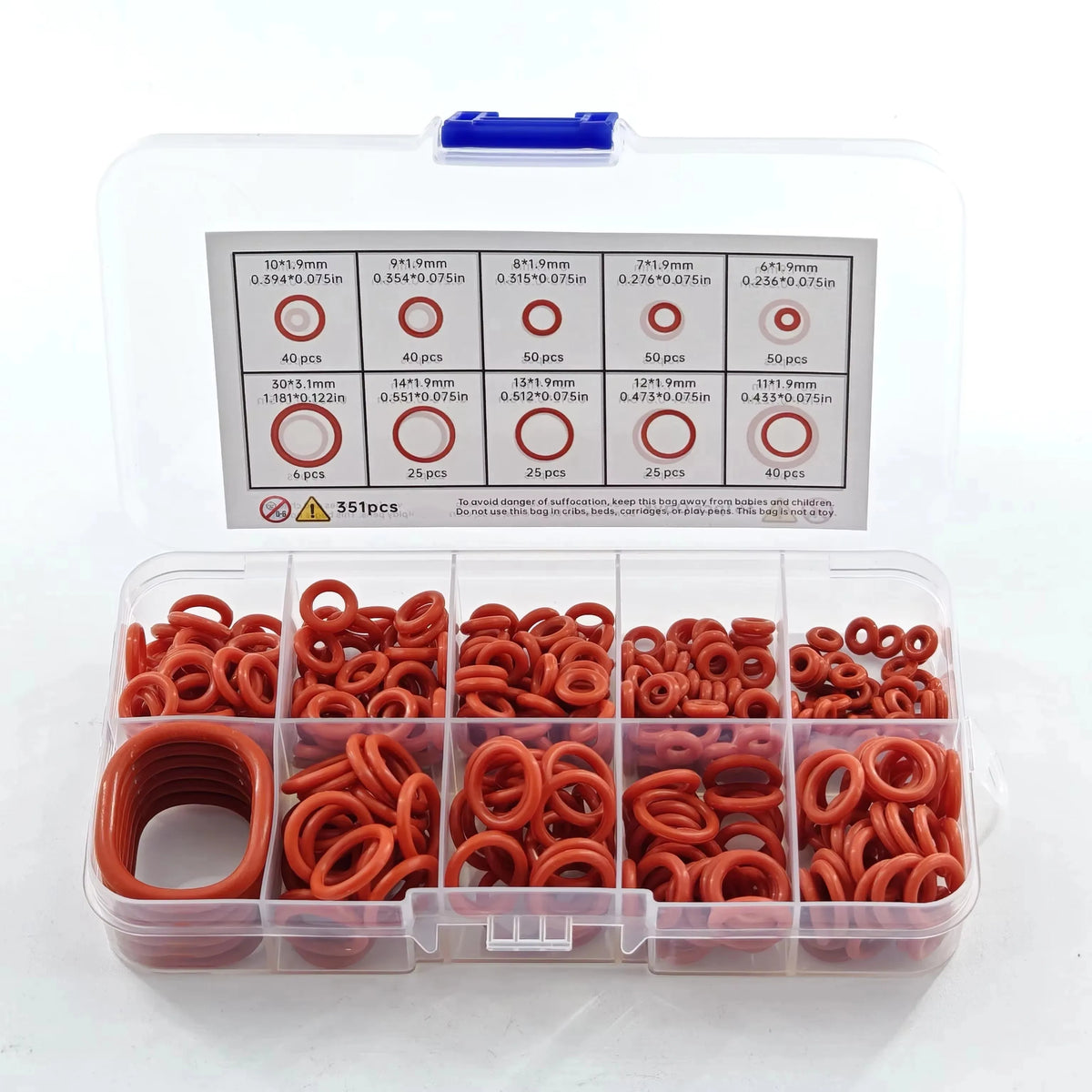 Silicone O-Ring Set, 351 Pcs, 10 Sizes close-up view