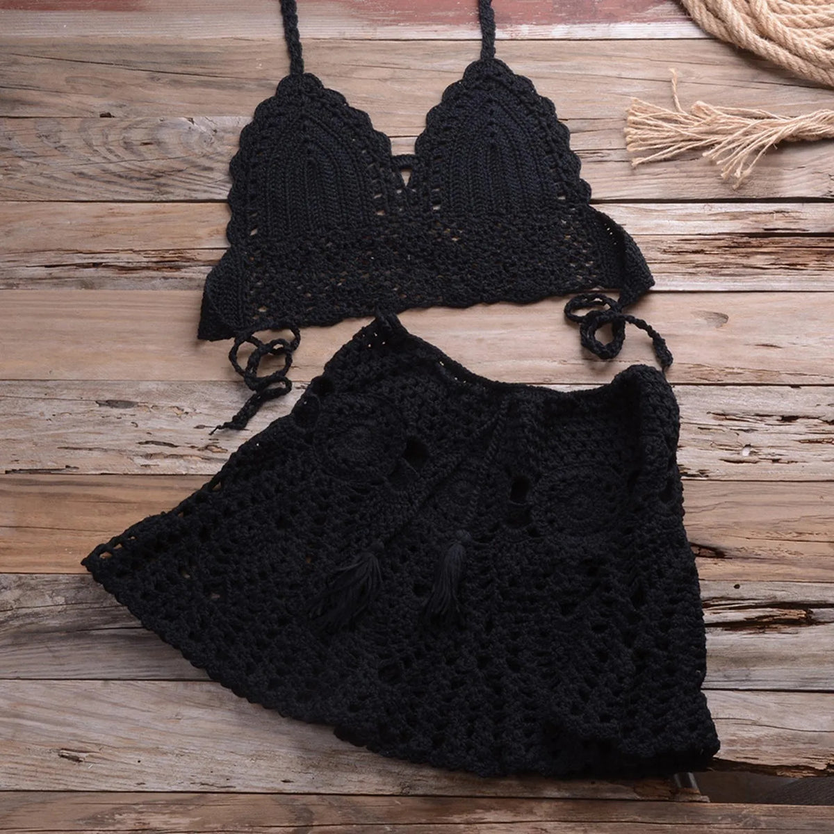 Women's Crocheted Hollow Two Piece Bikini Set Halter Neck