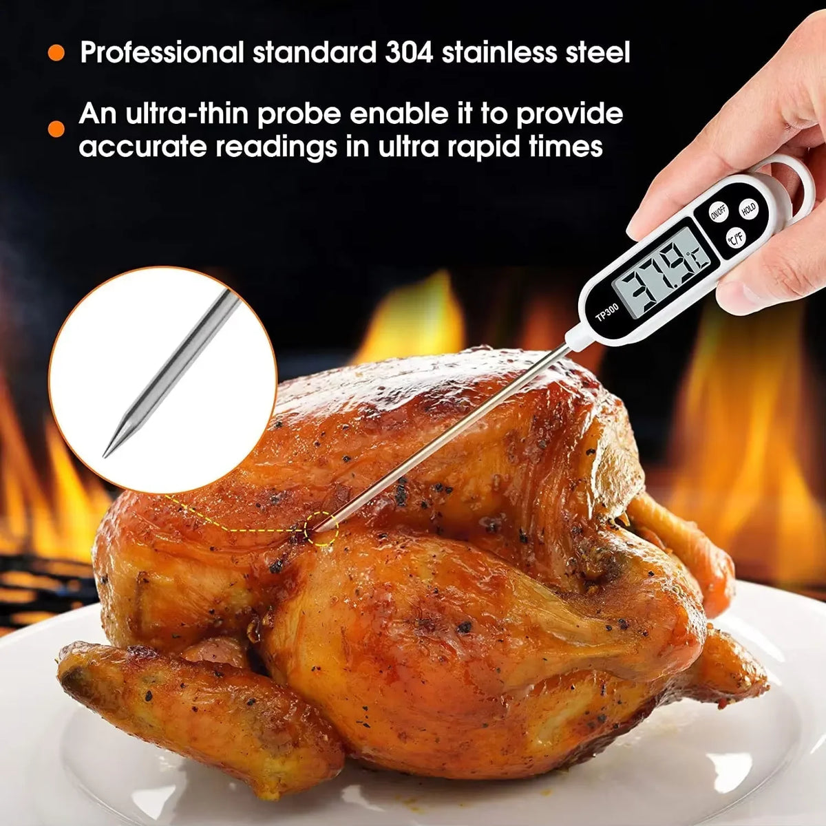 Stainless Steel Digital Probe Thermometer | Pen Type Instant Read close-up view