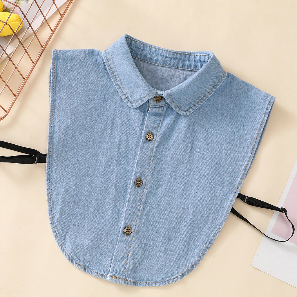 Women's Blue Washed Denim Pointed Collar Fake Collar, Professional Casual Versatile Decoration Half Shirt Style Collar