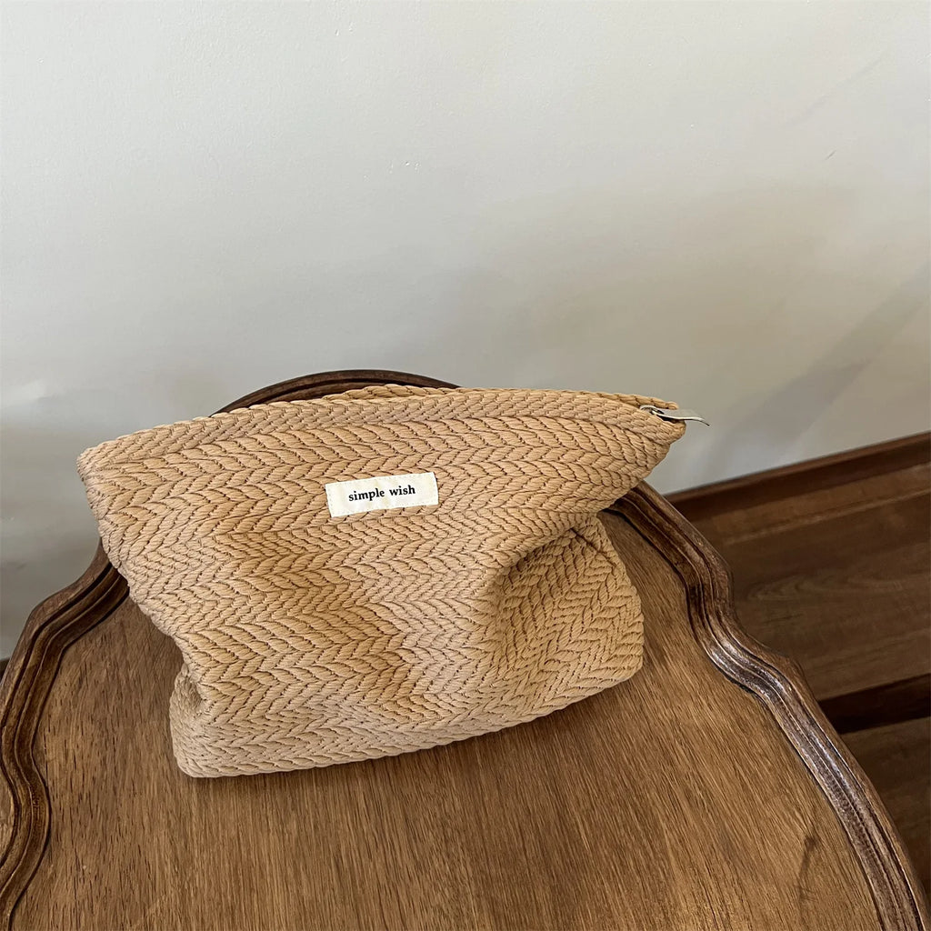 Handwoven Cotton Makeup Bag – Artistic Crochet Cosmetic Pouch with Zipper, Minimalist Clutch for Women
