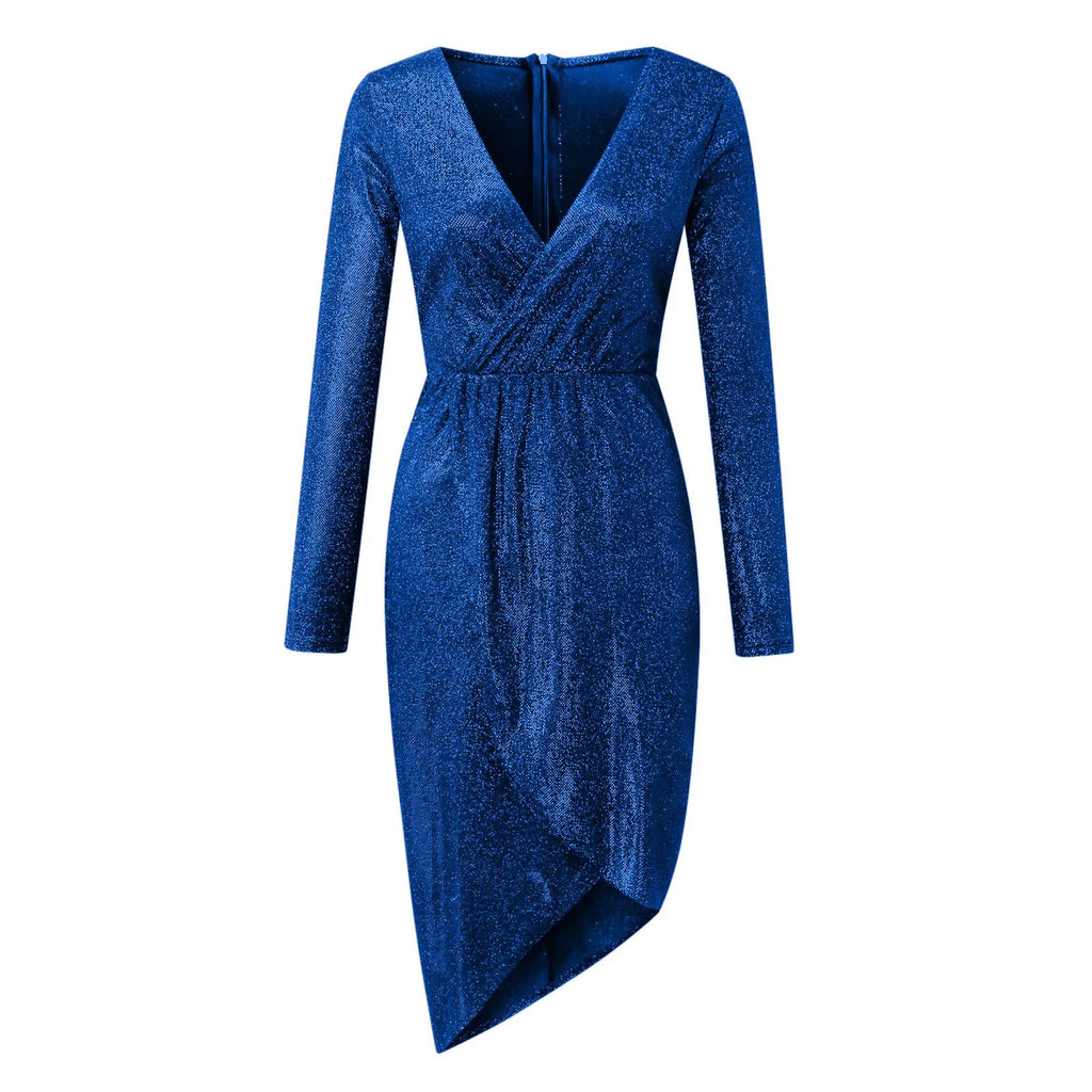 Plus Size Deep V Sequins Wrap Ruched Long Sleeve Dress