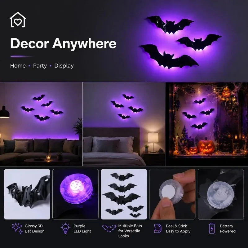 12 Pcs Purple LED Bat Wall Stickers Halloween Decorations
