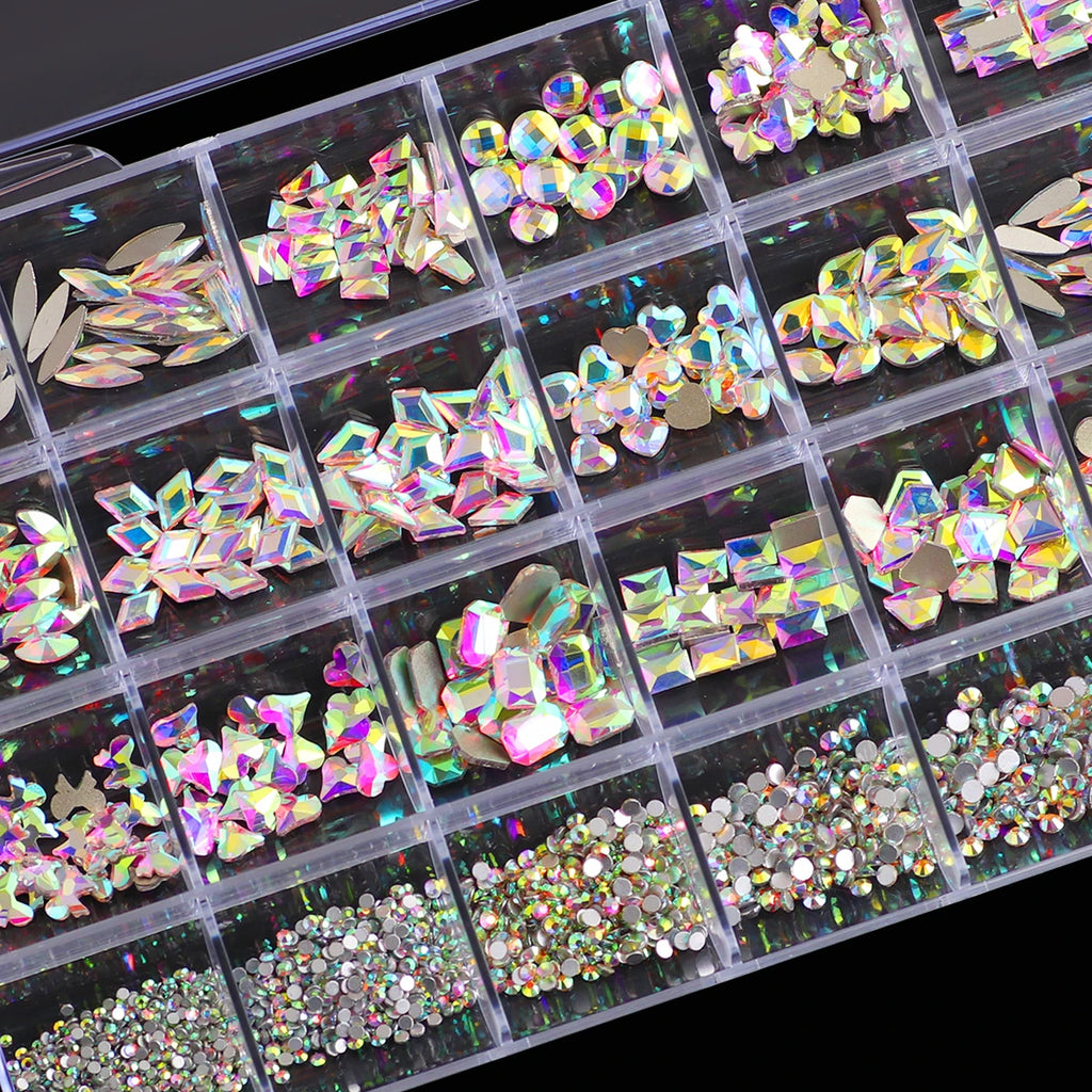 1 Box 3D Nail Diamond Kit, 24 AB Crystal Gem Grids, Multi-Shaped Nail Art