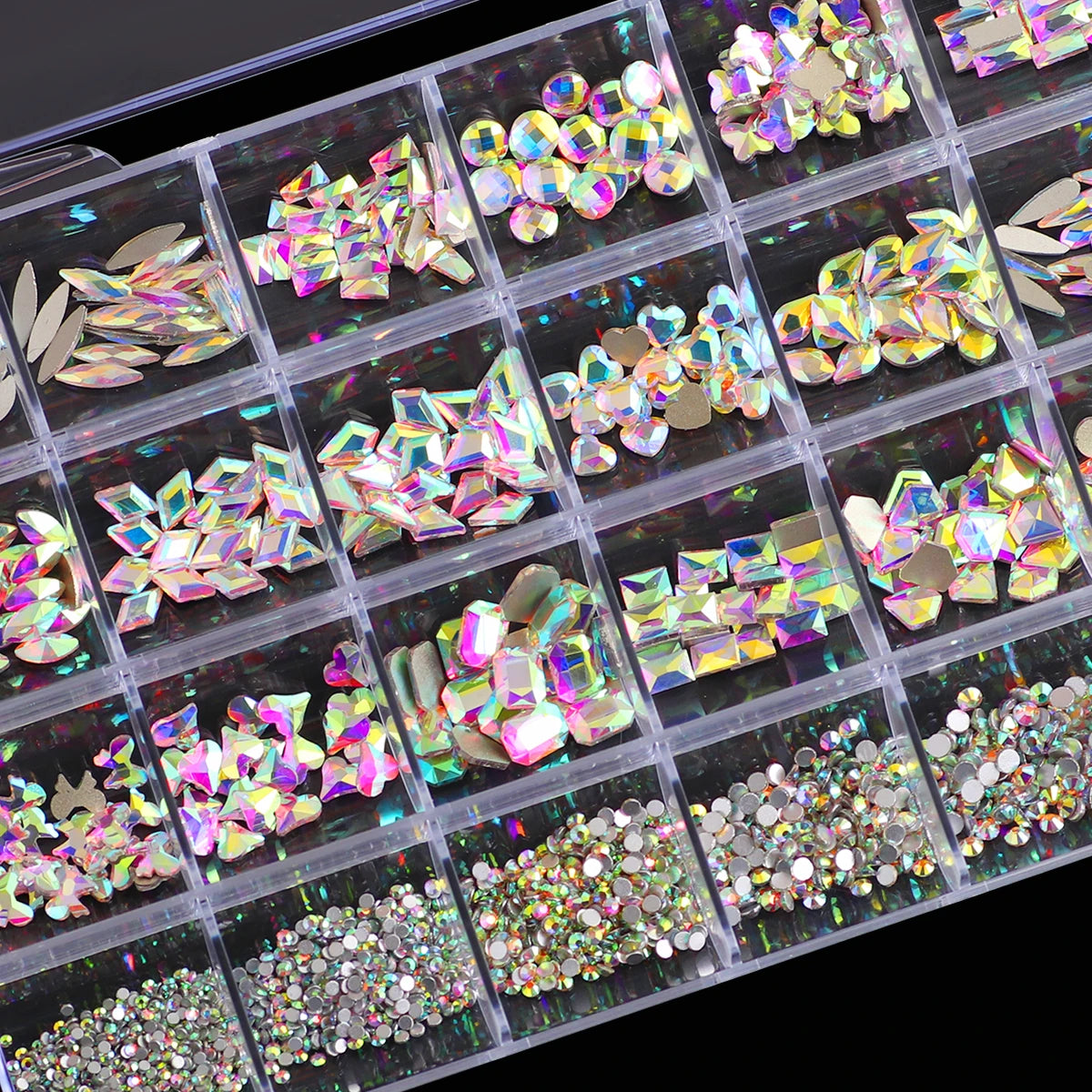1 Box 3D Nail Diamond Kit, 24 AB Crystal Gem Grids, Multi-Shaped Nail Art