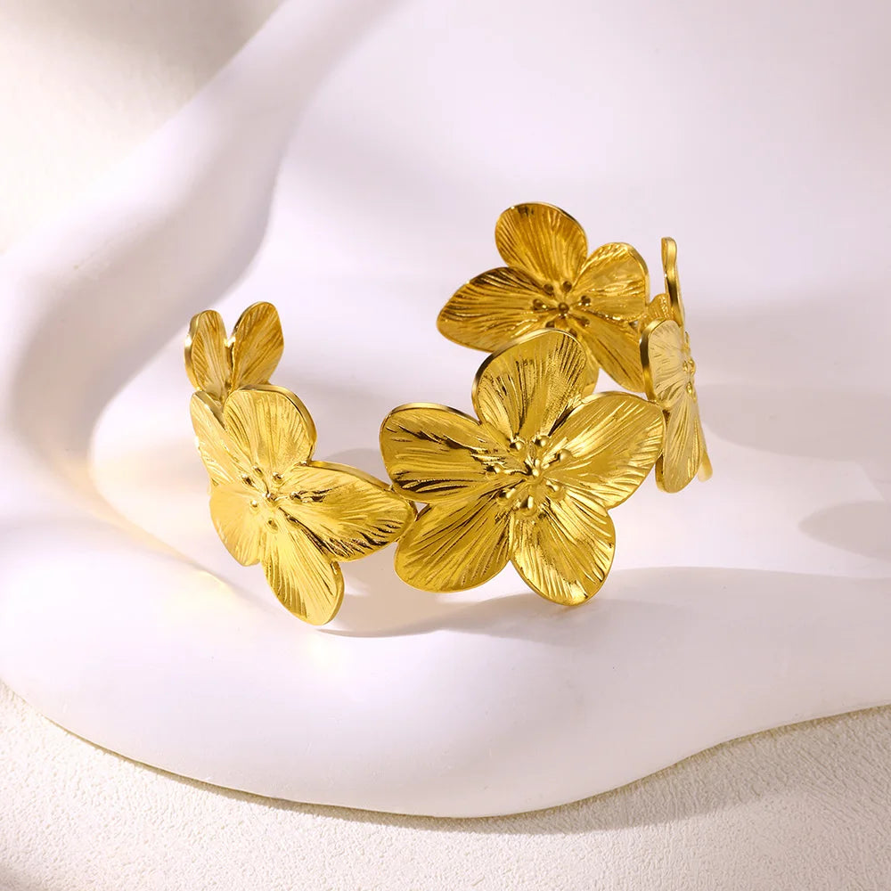 Flower Chunky Opening Bangle Bracelet Stainless Steel For Women