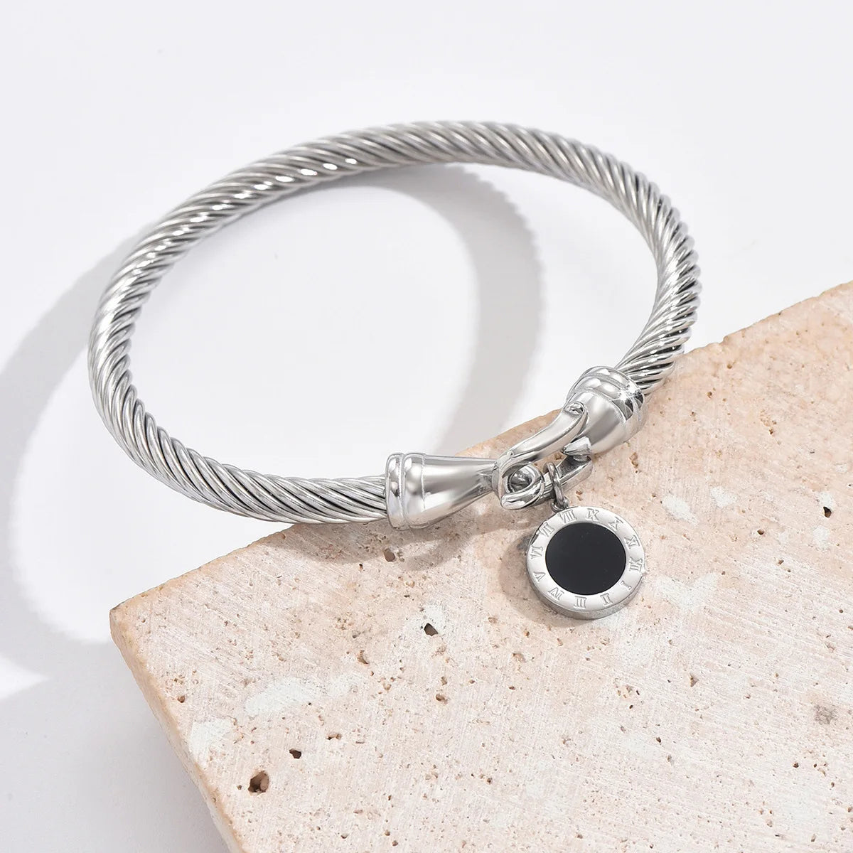 316L Stainless Steel Twisted Cable Bangle Roman Numeral Charm Bracelet