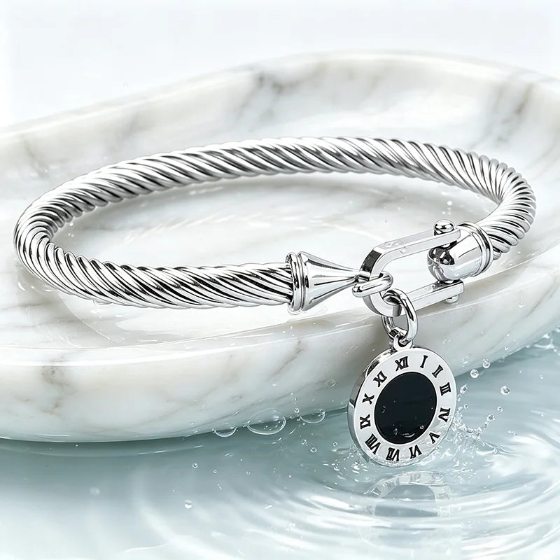 316L Stainless Steel Twisted Cable Bangle Roman Numeral Charm Bracelet