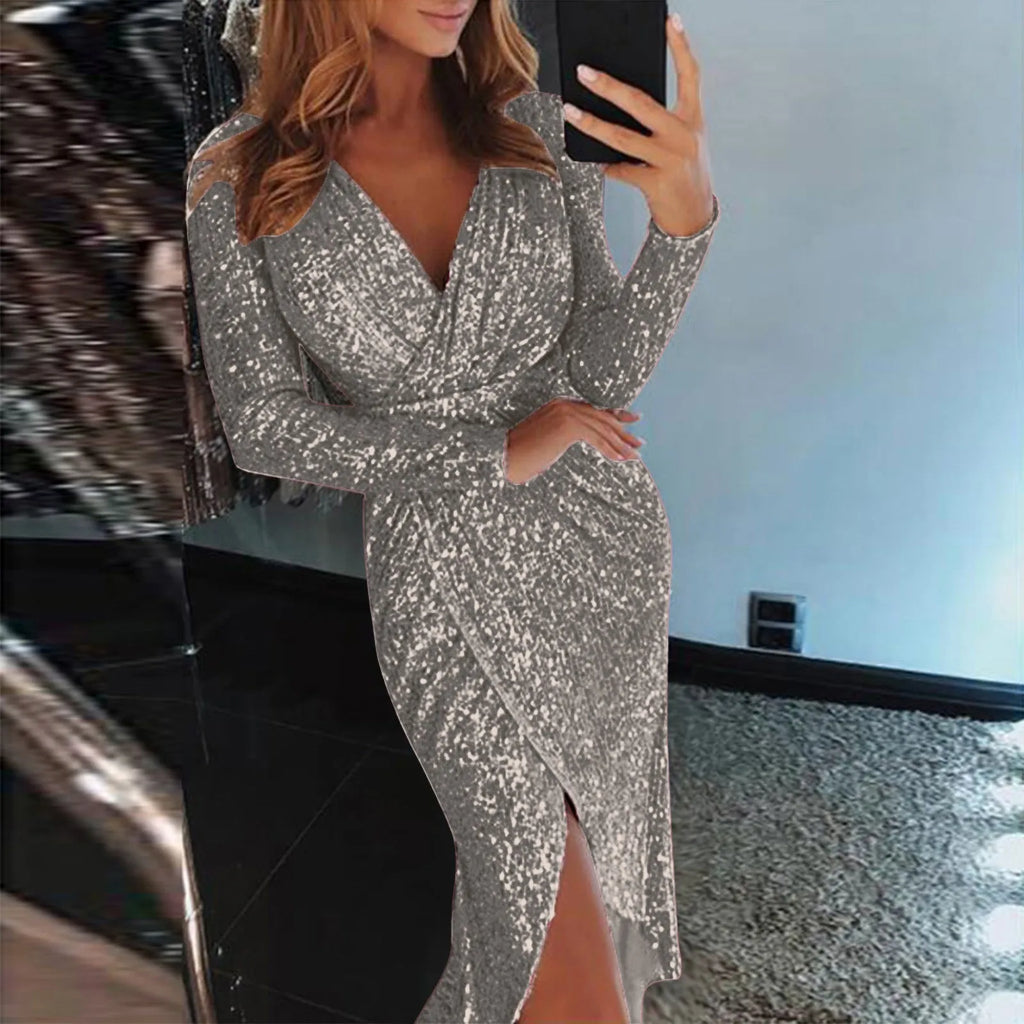 Plus Size Deep V Sequins Wrap Ruched Long Sleeve Dress