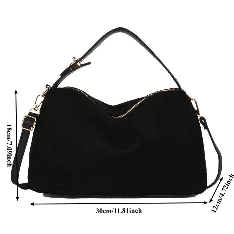 Women's vintage-style fashion shoulder bag with suede-like texture, Bohemian style, adjustable wide strap