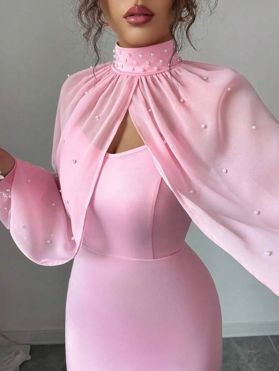 Elegant Pink Mermaid Gown with Beaded Sheer Capelet, Bodycon Slip Dress Set