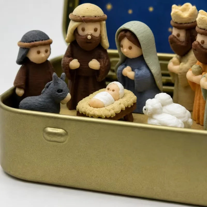 Pocket-Sized Nativity Scene Small Statue, Metal Box, mini Portable Religious desktop Decoration and Christmas Christian Keepsake