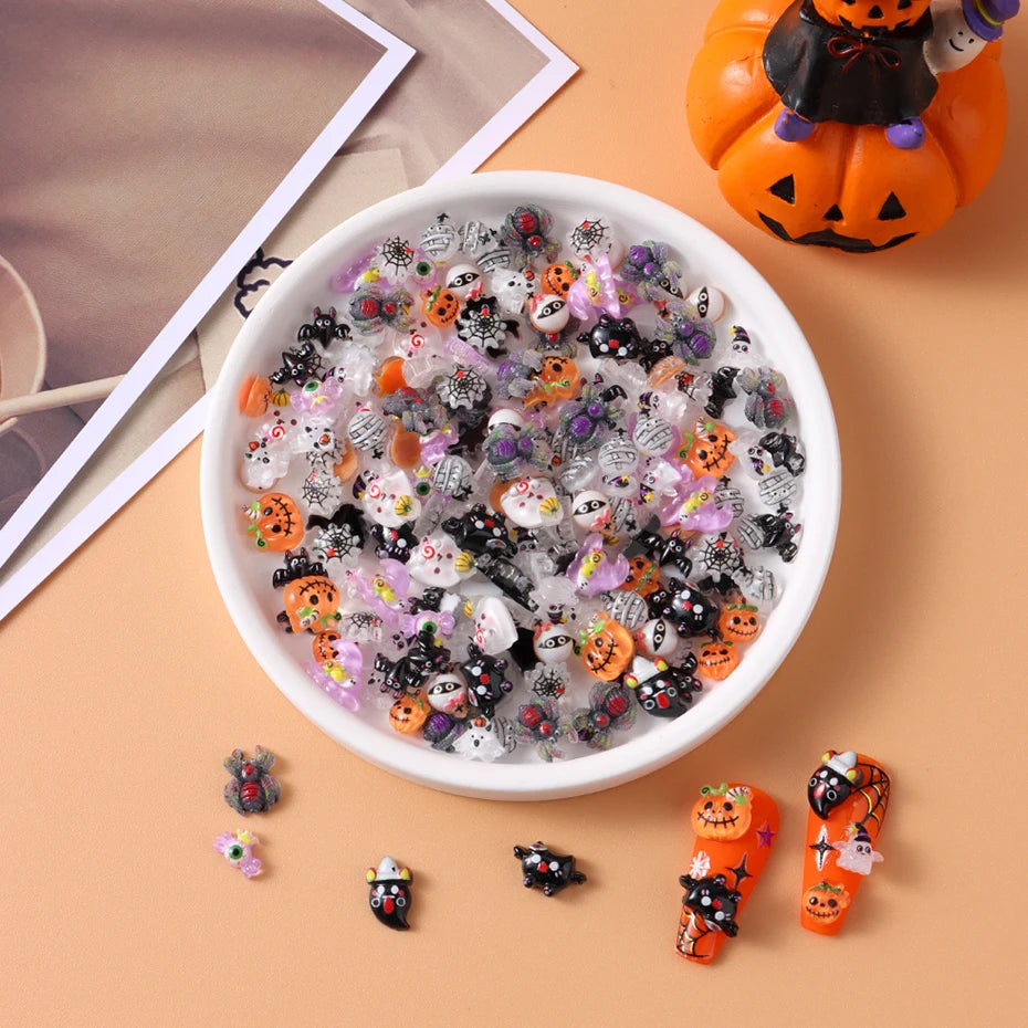 Resin Halloween Nail Charms Bat Pumpkin Ghost Spider Web