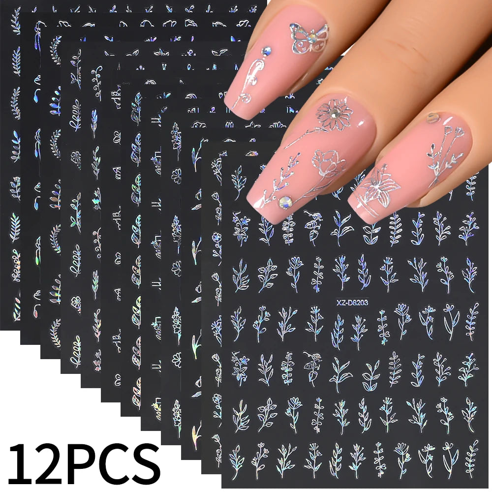 Gold Leaf Nail Stickers 3D Self-Adhesive Flower Decals 12pcs