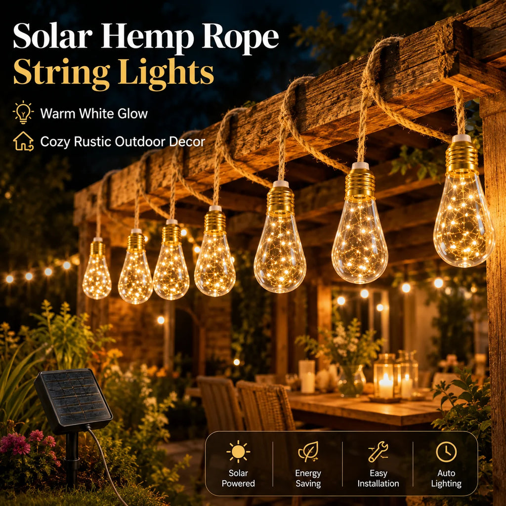 Solar String Lights Hemp Rope Edison Bulb Fairy Lights Warm White