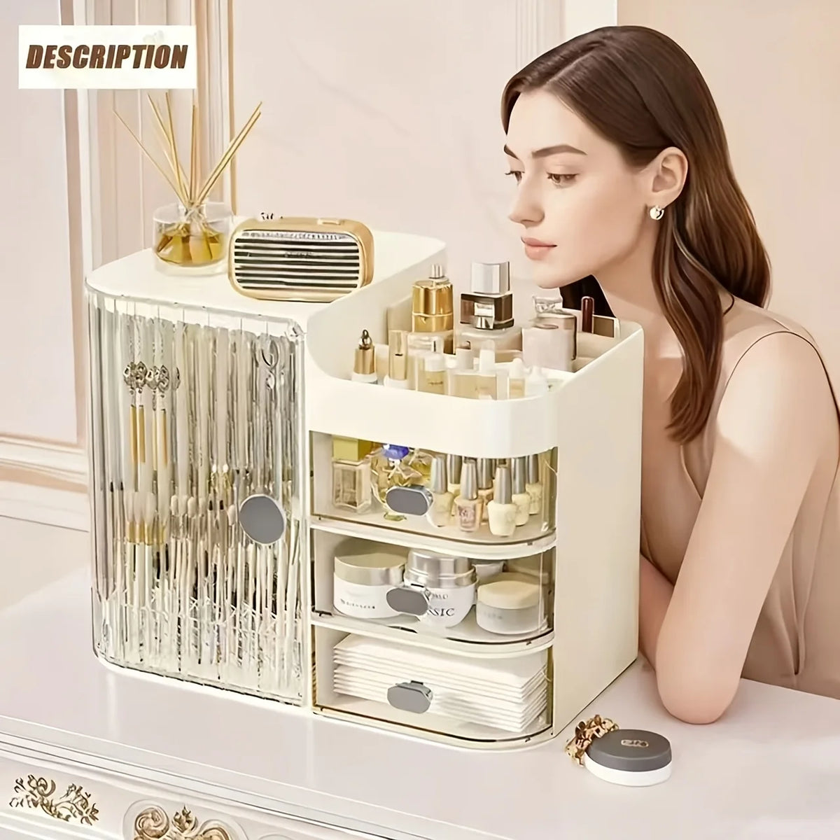 Beige Cosmetic Storage Box Makeup Organizer with Drawers & Brush Holder