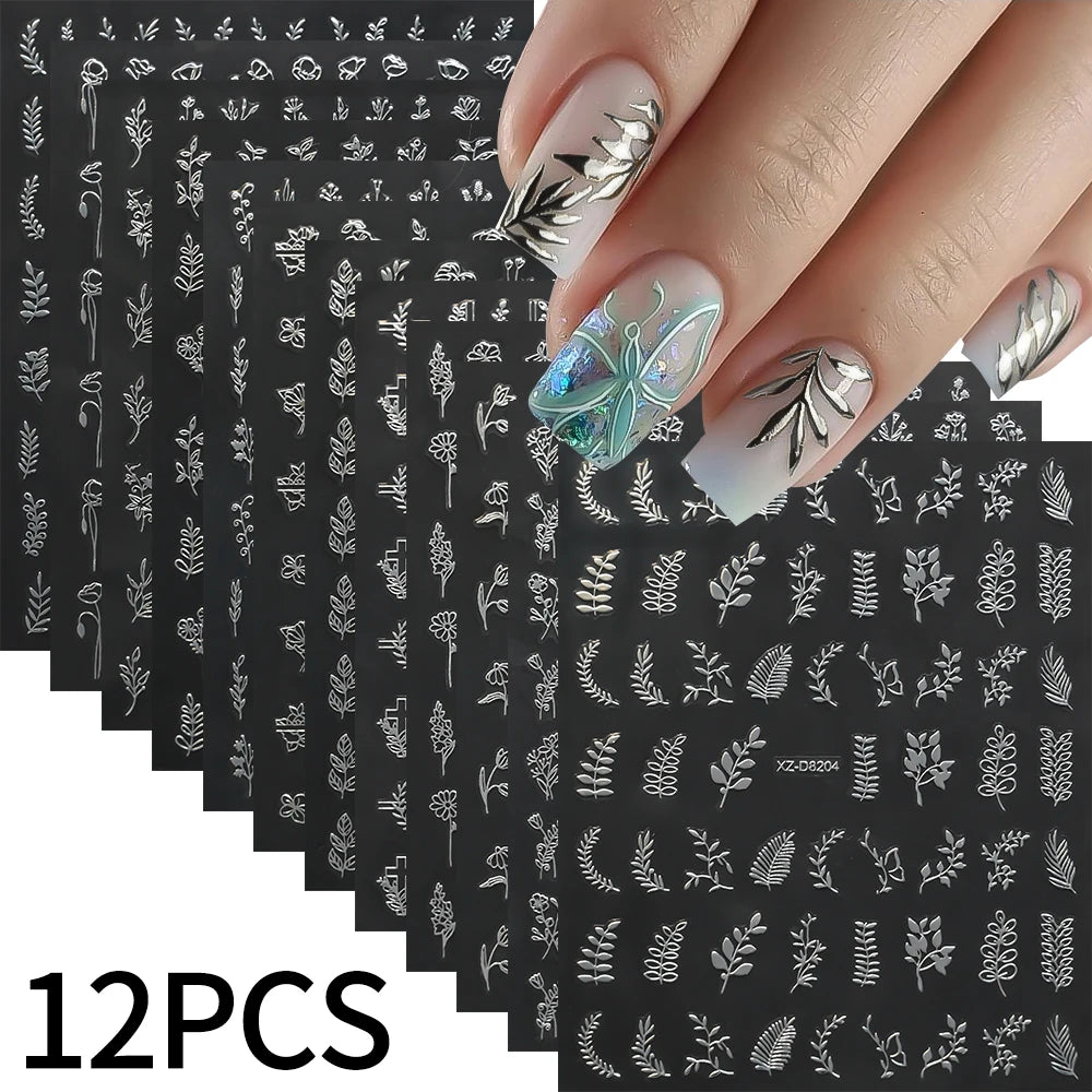 Gold Leaf Nail Stickers 3D Self-Adhesive Flower Decals 12pcs