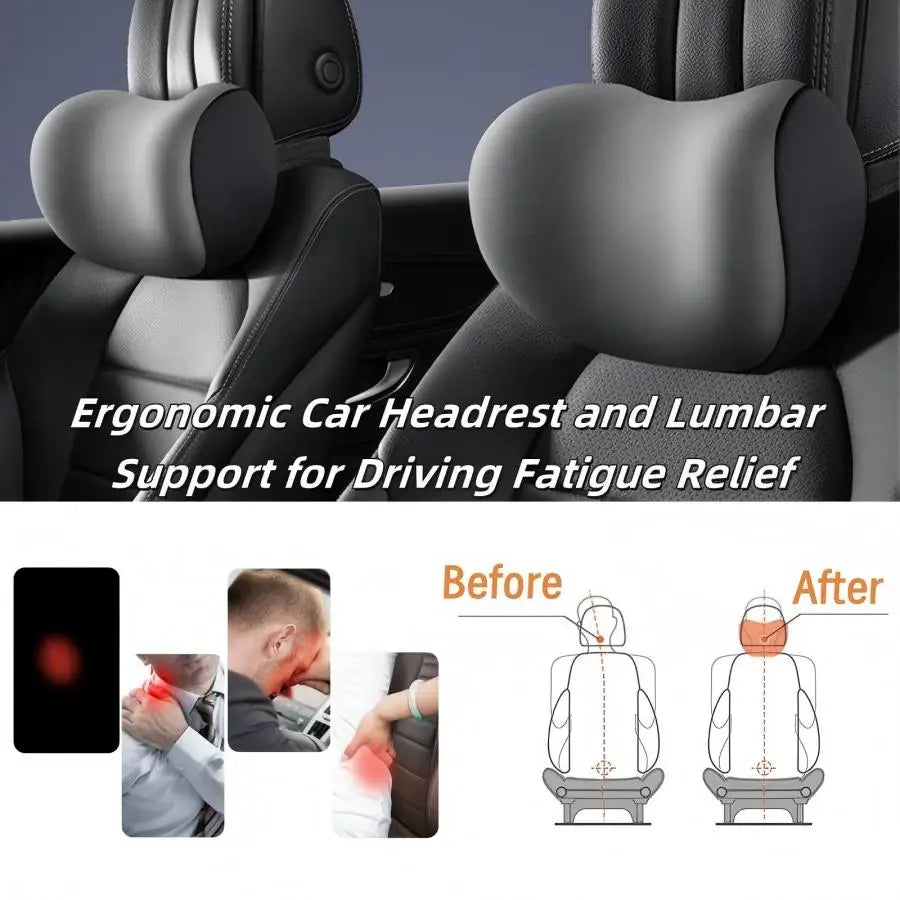 Car Headrest & Lumbar Support Cushion Kit, Memory Foam Neck Back Rest Pillows