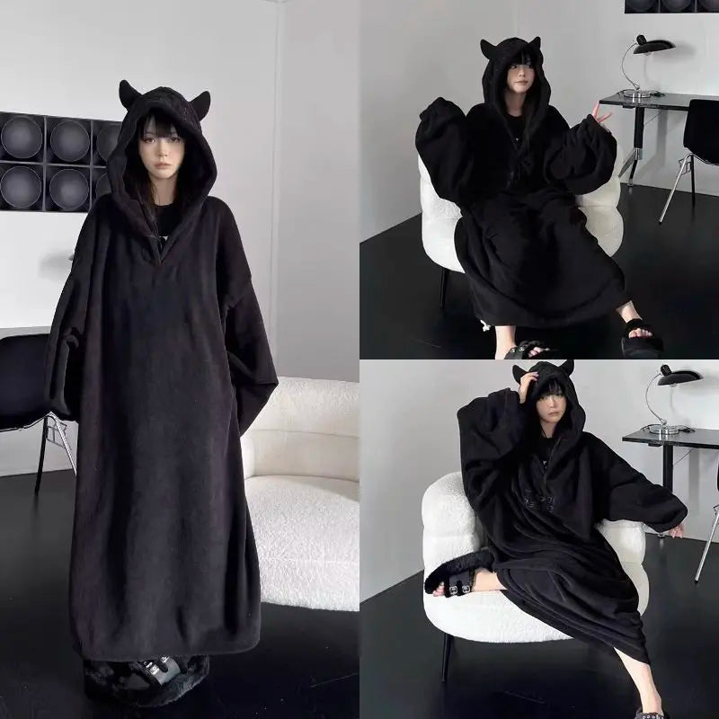 Thickened padded pajamas Solid color Homewear Loose oversized hooded Dresses Imp couple robe Fall and winter one-piece Sleepwear