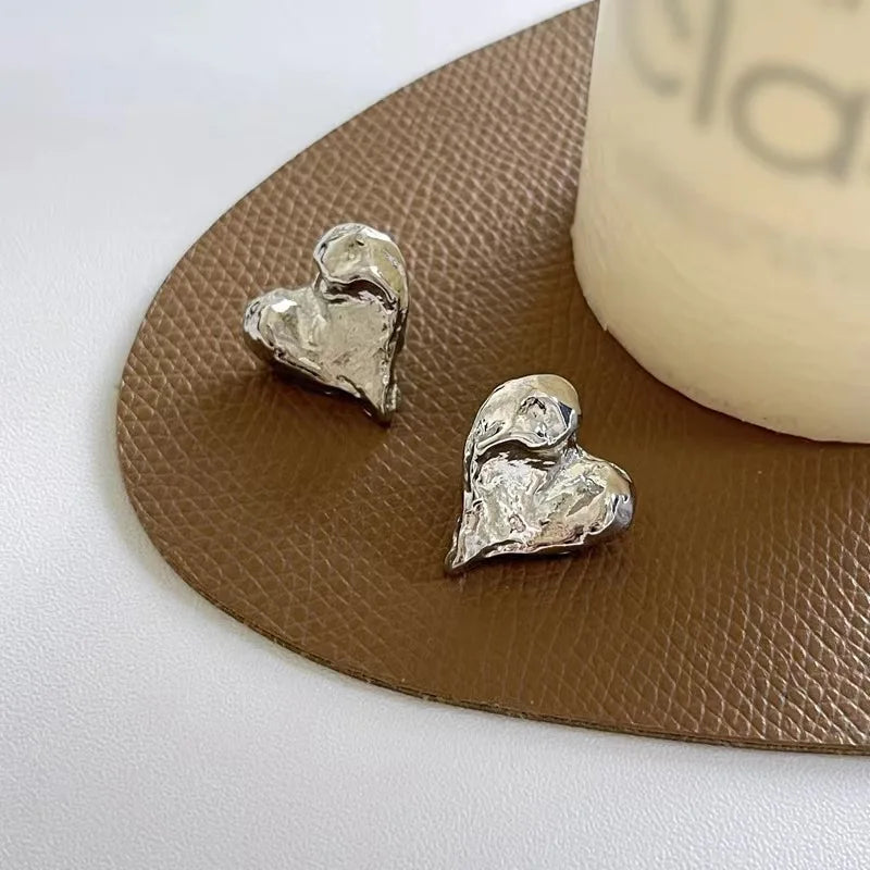 Retro Uneven Metal Heart Stud Earrings for Women