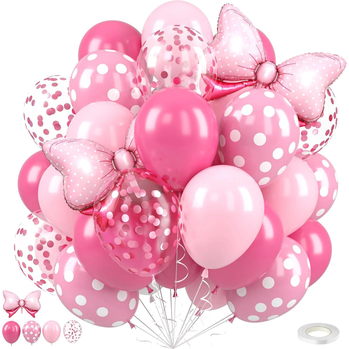 31Pcs/12inch Pink Bow Balloons,Hot Pink Rose Dots Bow Foil Balloon and Confetti Balloons with Ribbon, Girls Birthday Baby Shower