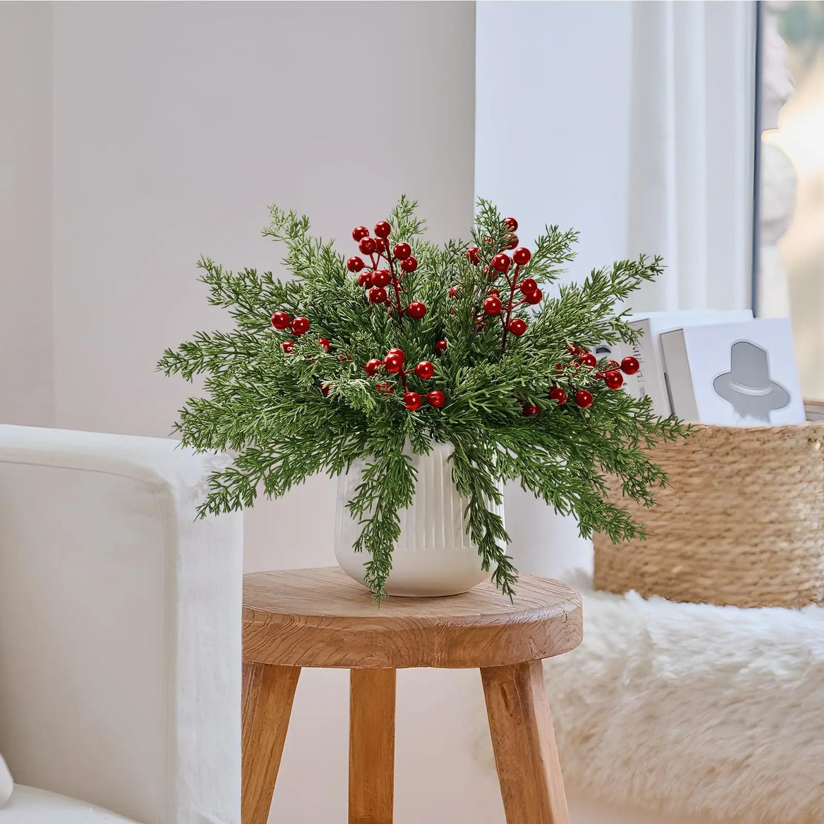 15 Artificial Pine Branches with Red Berry Stems Faux Christmas Greenery
