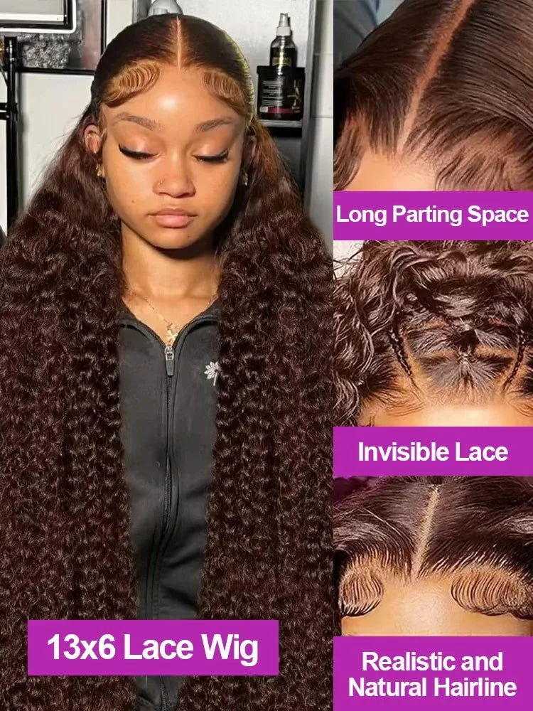 Chocolate Brown Deep Wave Lace Front Wig Remy Human Hair 13x4 HD Lace